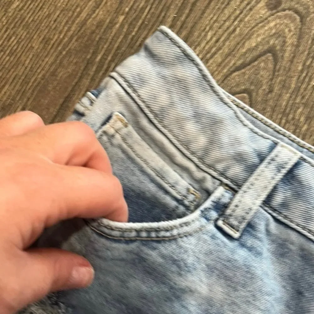 SO High Rise Shortie Shorts Distressed Raw Hem Denim Medium Wash Blue Sz 11/30W